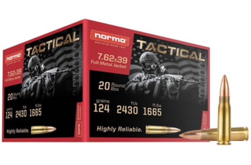 Image of Norma Tactical 7.62x39mm 124gr FMJ Brass Cased Centerfire Rifle Ammo, 20 Rounds, 295540020
