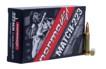 Image of Norma Match Ammunition .223 Remington 77 grain Sierra MatchKing Boat Tail Hollow Point Brass Cased Centerfire Rifle Ammo, 20 Rounds