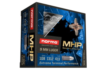 Image of Norma MHP 9mm Luger 108 grain Monolithic Hollow Point Brass Cased Centerfire Pistol Ammo, 20 Rounds