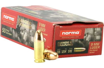 Image of Norma Range Training FMJ 9mm Luger 115 grain Full Metal Jacket Brass Cased Centerfire Pistol Ammo, 50 Rounds