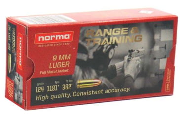 Image of Norma Range Training FMJ 9mm Luger 124 grain Full Metal Jacket Brass Cased Centerfire Pistol Ammo, 50 Rounds