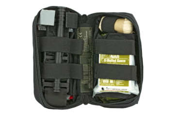 Image of North American Rescue M-FAK Mini First Aid Kit, Contains 1 C-A-T Tourniquet, 1 ETD 4 Flat, 1 Gauze S-Rolled, 1 HyFin Compact Chest Seal Twin Pack, 1 Pair Nitrile Gloves in Large, 500 Denier Nylon Bag, Black Finish
