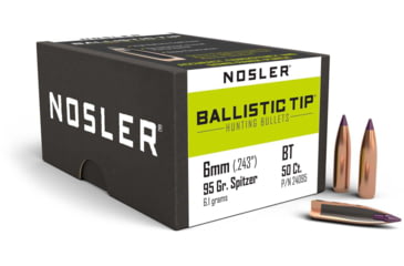 Image of Nosler 24095 Ballistic Tip Hunting 6mm .243 95 GR Spitzer 50 Box