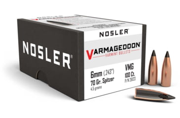 Image of Nosler 26123 Varmageddon 6mm .243 70 GR Flat Base Tipped FBT 100 Box