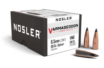 Image of Nosler 26129 Varmageddon 6.5mm .264 90 GR Flat Base Tipped FBT 100 Box
