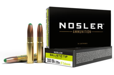 Image of Nosler BTA Ballistic Tip Ammunition 300 Blackout 220 Grain Ballistic Tip Round Nose Brass Cased Centerfire Rifle Ammo, 20 Rounds, 61050