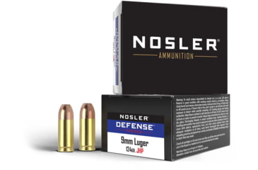 Image of Nosler Defense 9mm +P 124 Grain Bonded Jacketed Hollow Point Brass Cased Cased Pistol Ammo, 20 Rounds, 38432