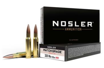 Image of Nosler Match Grade .308 Winchester 155 Grain Custom Competition Brass Cased Centerfire Rifle Ammo, 20 Rounds, 60052