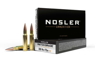 Image of Nosler Match Grade, .308 Winchester, 175 grain, Hollow Point Boat Tail, Brass, Centerfire Rifle Ammo, 20, 60132