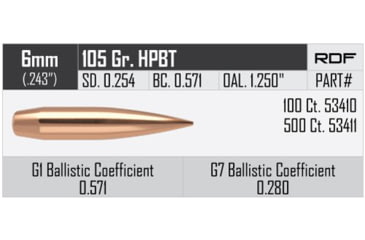 Image of Nosler RDF Rifle Bullet 6mm 105gr HPBT, 500ct, 53411