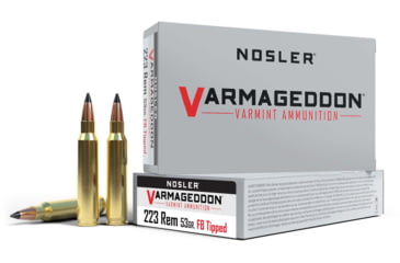 Image of Nosler Varmageddon .223 Remington 53 Grain Flat Base Tipped Brass Cased Centerfire Rifle Ammo, 20 Rounds, 65139