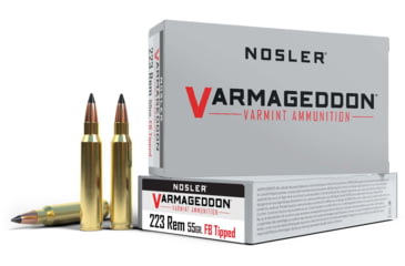 Image of Nosler Varmageddon .223 Remington 55 Grain Flat Base Tipped Brass Cased Centerfire Rifle Ammo, 20 Rounds, 65145