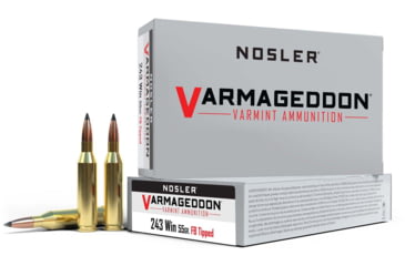 Image of Nosler Varmageddon .243 Winchester 55 Grain Flat Base Tipped Brass Cased Centerfire Rifle Ammo, 20 Rounds, 65165