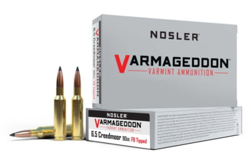 Image of Nosler Varmageddon 6.5mm Creedmoor 90 Grain Flat Base Tipped Brass Cased Centerfire Rifle Ammo, 20 Rounds, 65175