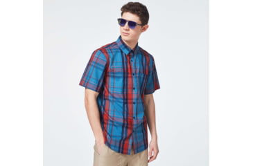 Image of Oakley Checked Woven Short Sleeve Shirt - Mens, Orange Check, Extra Small, FOA400030-97E-XS