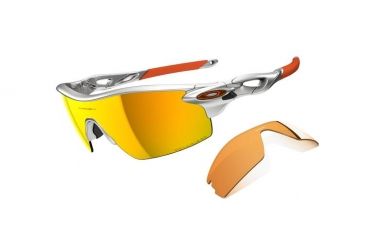 Image of Oakley Radarlock Pitch Silver Frame w/ Fire Iridium Polarized Lenses Men's Sunglasses OO9182-07