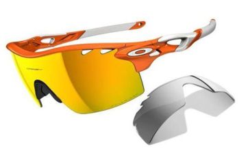 Image of Oakley Radarlock XL Mens Sunglasses White Orange Frame, Fire Iridium Polarized Vented and Black Iridum Vented Lens OO9170-04