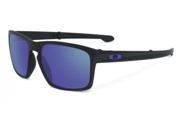 Image of Oakley Silver Foldable Sunglasses Matte Black Frame, Violet Iridium Polarized Lens-OO9246-07