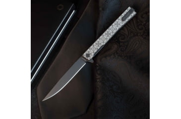Image of Ocaso Knives Engraved Solstice Folding Knife, 3.5in, CPM S35VN, Fleur-De-Lis/Titanium Pattern Handle, Black, 10EFB