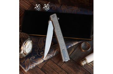 Image of Ocaso Knives Engraved Solstice Folding Knife, 3.5in, CPM S35VN, Vine/Titanium Pattern Handle, Grey, 10EVS