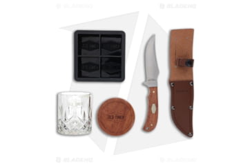 Image of Old Timer Schrade Ot Whiskey Glass Set &amp; Fixed Blade Knife, 3.50in, Stainless Steel, Clip Point Blade, Pakkawood Brown Handle, Steel/Brown, 8.25in, BHQ-206593