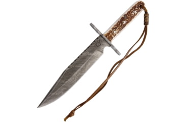 Image of OldForge Damascus Hunter Fixed Blade Knife, 12in Overall, 7.5in Damascus Steel Clip Point Blade, Stag Bone Handle, Damascus Guard, Brown Leather Lanyard, Brown Leather, CT278 CHANGE TO OF041