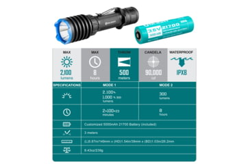 Image of Olight Warrior X Pro Rechargeable Tactical 546 Yard Long Throw w/ 5000mAh Rechargeable Battery LED Flashlight, Neutral White, 2100 Lumens, Black, FL-OL-WARXPRO