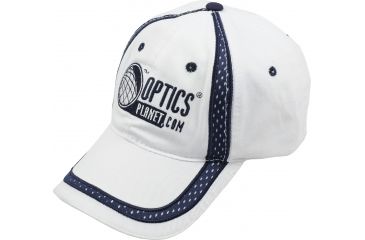 Image of OpticsPlanet Hat 3/4 Front View, White with Blue Details