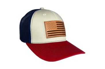 Image of Outdoor Cap Stone/Navy/Cardinal Trucker w/ USA Flag Leather Patch, USA771