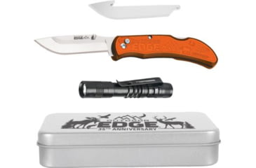 Image of Outdoor Edge Cutlery Razor Carry W/ Flashlight &amp; Tin 2 Blades Folding Knife, 3 in Blade, Stainless Steel, Orange Handle, P24RX30FL2T