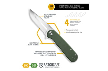 Image of Outdoor Edge Cutlery RAZORVX3 Micarta, Stainless Flipper, Spring Assist, Ball Bearing, EDC Knife, 3in, Green/Stainless, VX330B-C