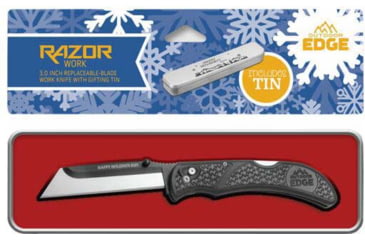 Image of Outdoor Edge Cutlery RazorWork Folding Knife w/Gift Tin, 420J2 Stainless Steel, Black Oxide, Black Matte Thermoplastic Rubber Handle, P23RW301T