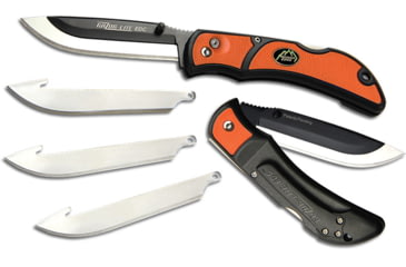 Image of Outdoor Edge Cutlery Razor-Lite EDC Folding Knife, 3 in, Japanese 420J2 stainless, Drop Point, Grivory w/ TPR Inserts, Orange Handle, 4-Blade Combo Set, Blister, RLB30-30C
