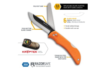 Image of Outdoor Edge Cutlery Razor Pro Folding Knife, 3.5 in, Stainless Steel, Drop Point, Rubber Overmolded, Orange Handle, RSB35-6C