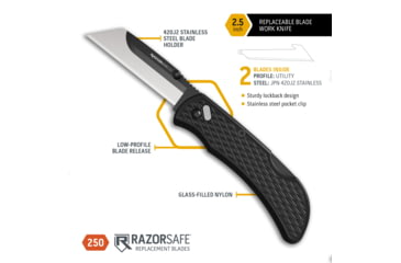 Image of Outdoor Edge Cutlery RazorWork Replaceable Blade Utility Folding Knife, 2.5in, Stainless Steel, Plain Edge, Thermoplastic Rubber, Black Matte Handle, Box, RWK25-2