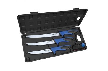 Image of Outdoor Edge Cutlery Reel Flex Pak, German 4116 Stainless Steel 6/7.5/9.5in Blade w/ Knife Sharpener and Hard Sided Case - 5 Piece Set, Black/Blue RFP-6