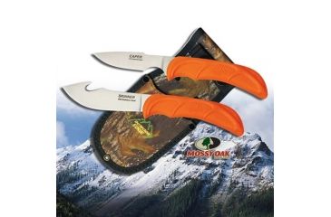 Image of Outdoor Edge Cutlery Wild-Pair Hunters Combo Fixed Blade Knife, 4 in, Steel Blade, Gut-hook Skinner and Caping Blades, Rubberized Polymer, Blaze Orange, w/ Mossy Oak Camo Belt Sheath, WR-1C