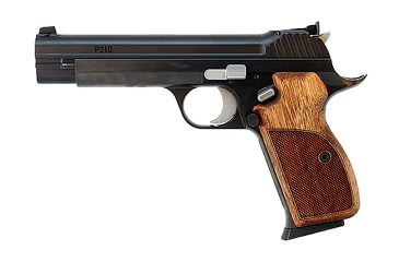 Image of SIG SAUER P210 Pistol, 9mm Luger, 4.7 in barrel, steel frame, checkered wood grip, recoil operated semi-automatic, adjustable target, 8 round magazine, P210-1-FRRMPG
