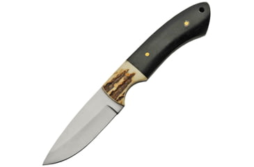 Image of Pakistan 7in Fixed Blade Hunter Knife, 7in Overall, 2.75in Satin SS Drop Point, Buffalo Horn And Stag Bone Handle, Brown Leather Belt Sheath, 203379