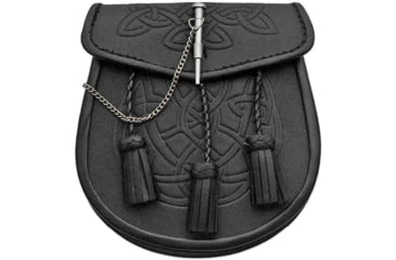 Image of Pakistan Celtic Knot Sporran, Measures 7 3/4in X 7 1/8in Overall, Black Leather Pouch w/Celtic Knot Pattern Embossing, Three Braided Leather Tassels, 203344