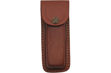 Image of Pakistan Eagle Tail Folding Knife, 5in Closed, 4in Satin Stainless Clip Point Blade, Orange Pakkawood Handle, Brown Leather Belt Sheath, 203477