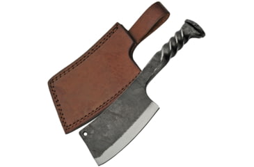 Image of Pakistan Railroad Spike Cleaver Knife, 9in overall. 4.5in blade, Railroad Spike, Twisted handle, Brown Leather Sheath, HS-4416