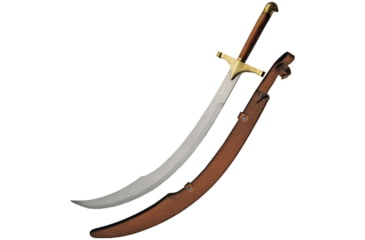 Image of Pakistan Scimitar/Belly Dancing Sword, 34in Overall, 27in SS Blade, Wood Handle, Brass Guard And Pommel, Brown Leather Sheath, 901148
