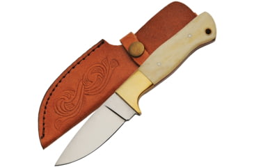 Image of Pakistan Skinner Bone Brass Bolsters Fixed Blade Knife, 8.13in Overall, 3.5in Satin SS Drop Point, White Smooth Bone Handle, Brass Guard, Brown Leather Belt Sheath, White, 203389