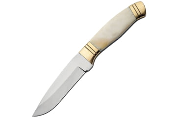Image of Pakistan Skinner Bone Knife, 8.25in Overall, 4in Satin SS Drop Point, White Smooth Bone Handle, Brass Guard, Brown Leather Sheath, DH-8002
