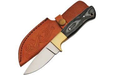Image of Pakistan Skinner Pakkawood Fixed Blade Knife, 8.13in Overall, 3.5in Satin SS Drop Point, Black Pakkawood Handle, Brass Guard, Brown Leather Belt Sheath, 203388