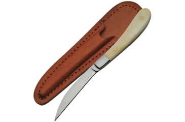 Image of Pakistan Slim Line Skinner Knife, 6.13in Overall, 2.5in Satin SS Wharncliffe Blade, White Smooth Bone Handle, SS Bolster, Brown Leather Sheath, DH-8017