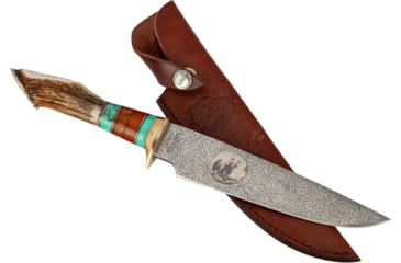 Image of Paladin Fixed Blade Knife - Bear Engraving, 5in, Stainless Steel, Bowie, Brown Crown Stag Handle, PE-CS-8503-B