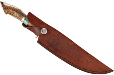 Image of Paladin Fixed Blade Knife - Bear Engraving, 5in, Stainless Steel, Bowie, Brown Crown Stag Handle, PE-CS-8503-B