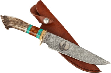 Image of Paladin Fixed Blade Knife - Mountain Man Engraving, 5in, Stainless Steel, Bowie, Brown Crown Stag Handle, PE-CS-8503-MM